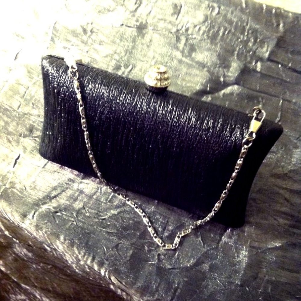 Black Textured Clutch with Rhinestone Knob Clasp